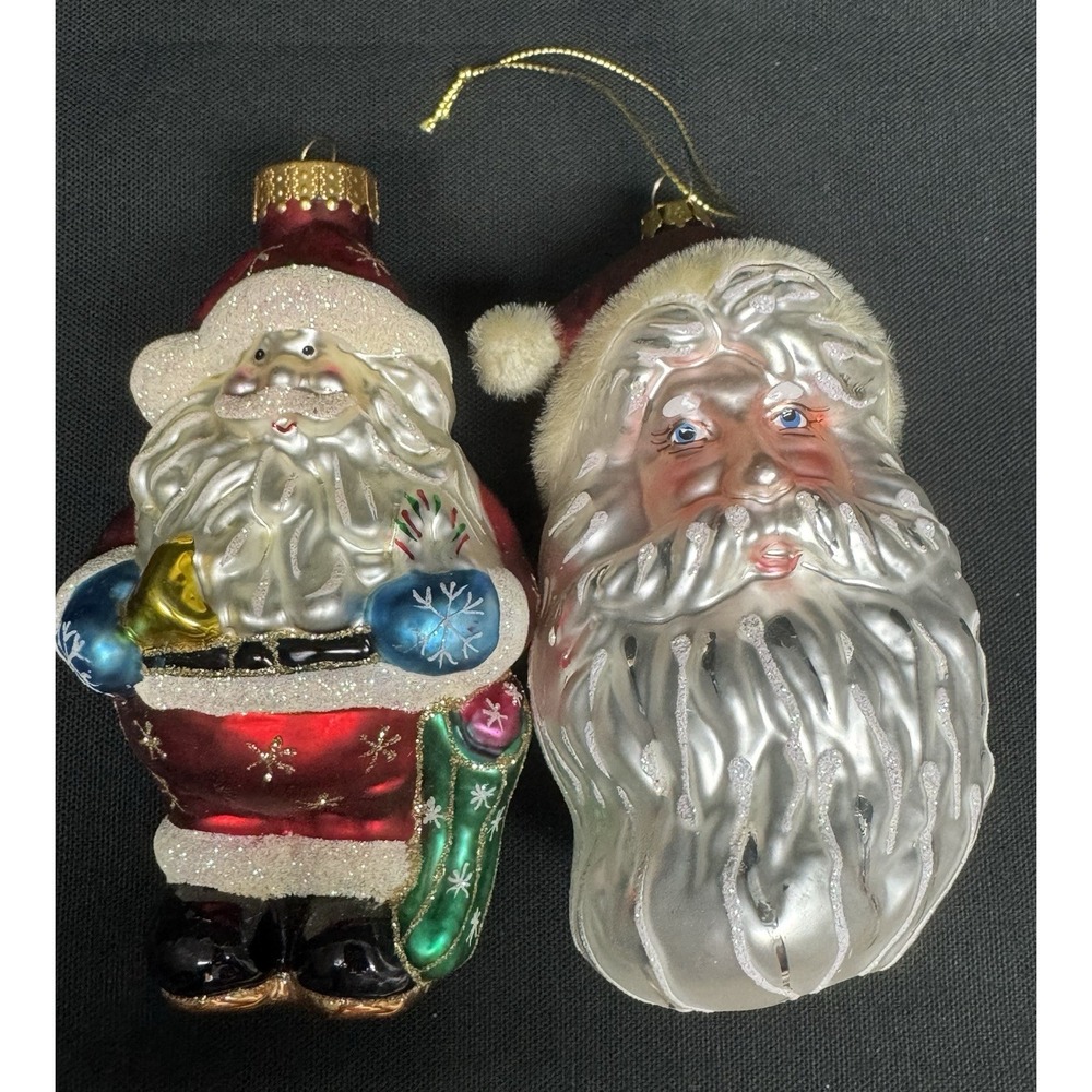 Set Of 2 Vintage Blown Glass Santa Claus Christmas Tree Ornaments